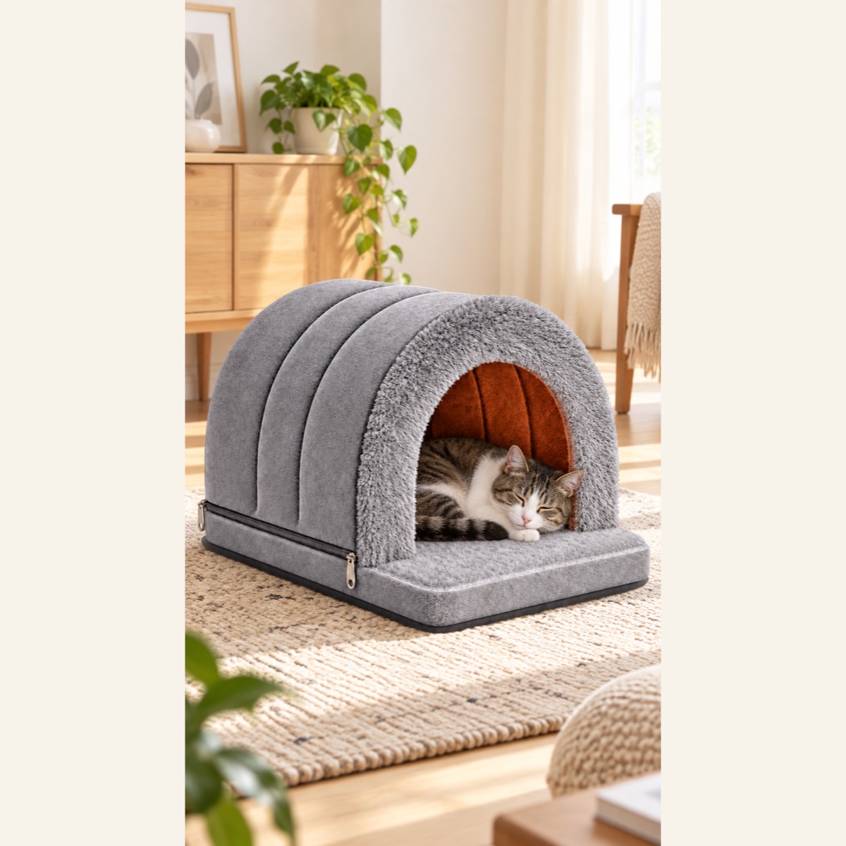 くものアーチ 猫用ベッド|グレーの設置イメージ