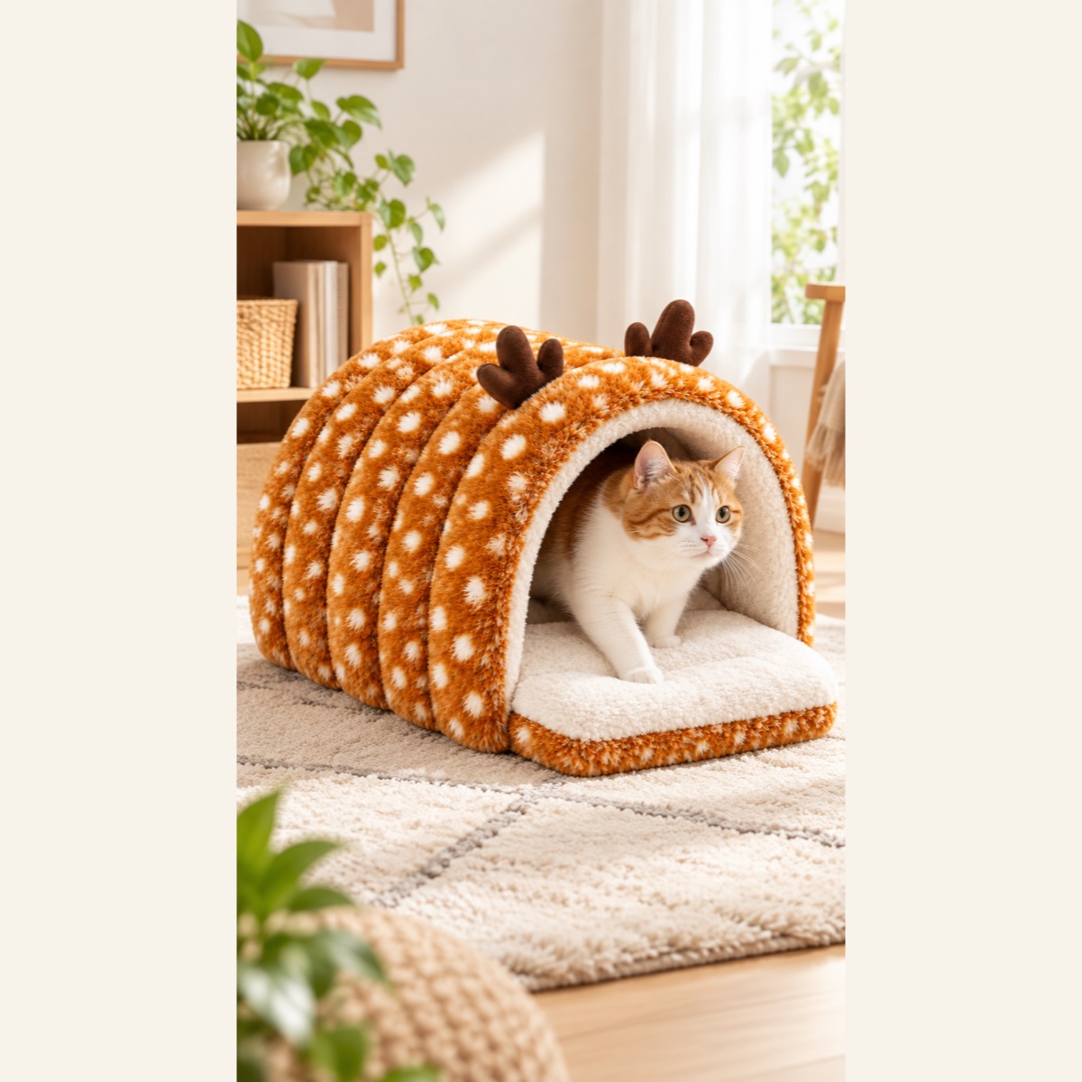 トナカイの森 ドーム型猫用ベッド|オレンジの設置イメージ