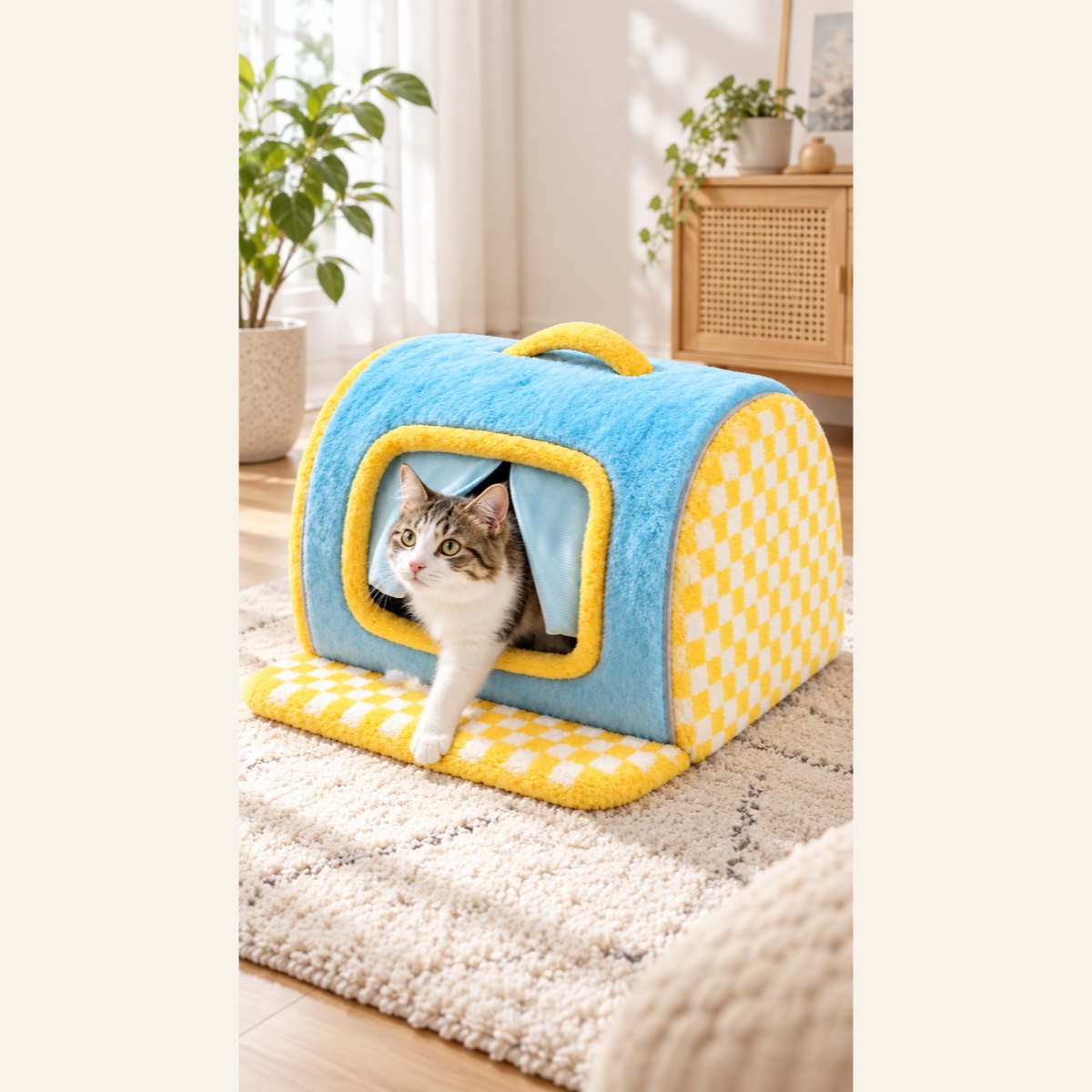 そらいろチェック トンネル型猫用ベッドの設置イメージ