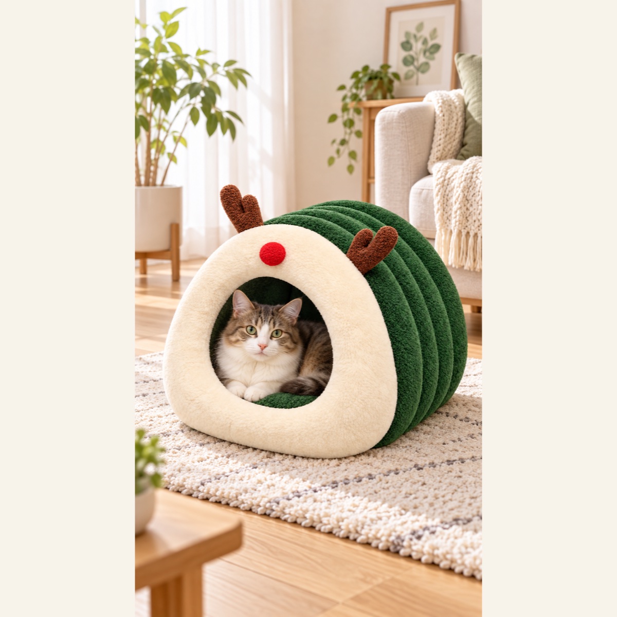 トナカイの森 ドーム型猫用ベッド|グリーンの設置イメージ