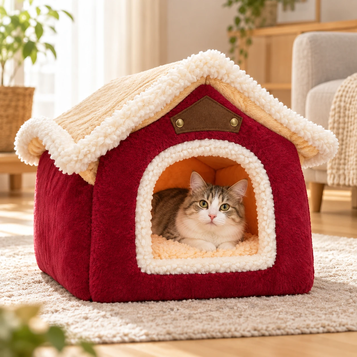 夕あかりハウス 猫用ベッド|ワインレッドの設置イメージ