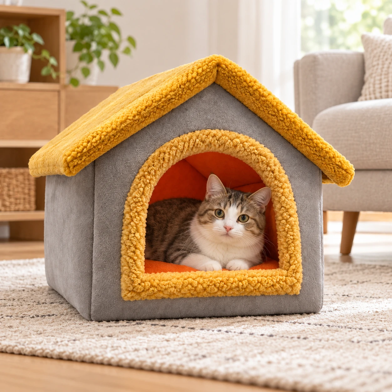 ひだまりハウス 猫用ベッド|グレー・マスタードの設置イメージ