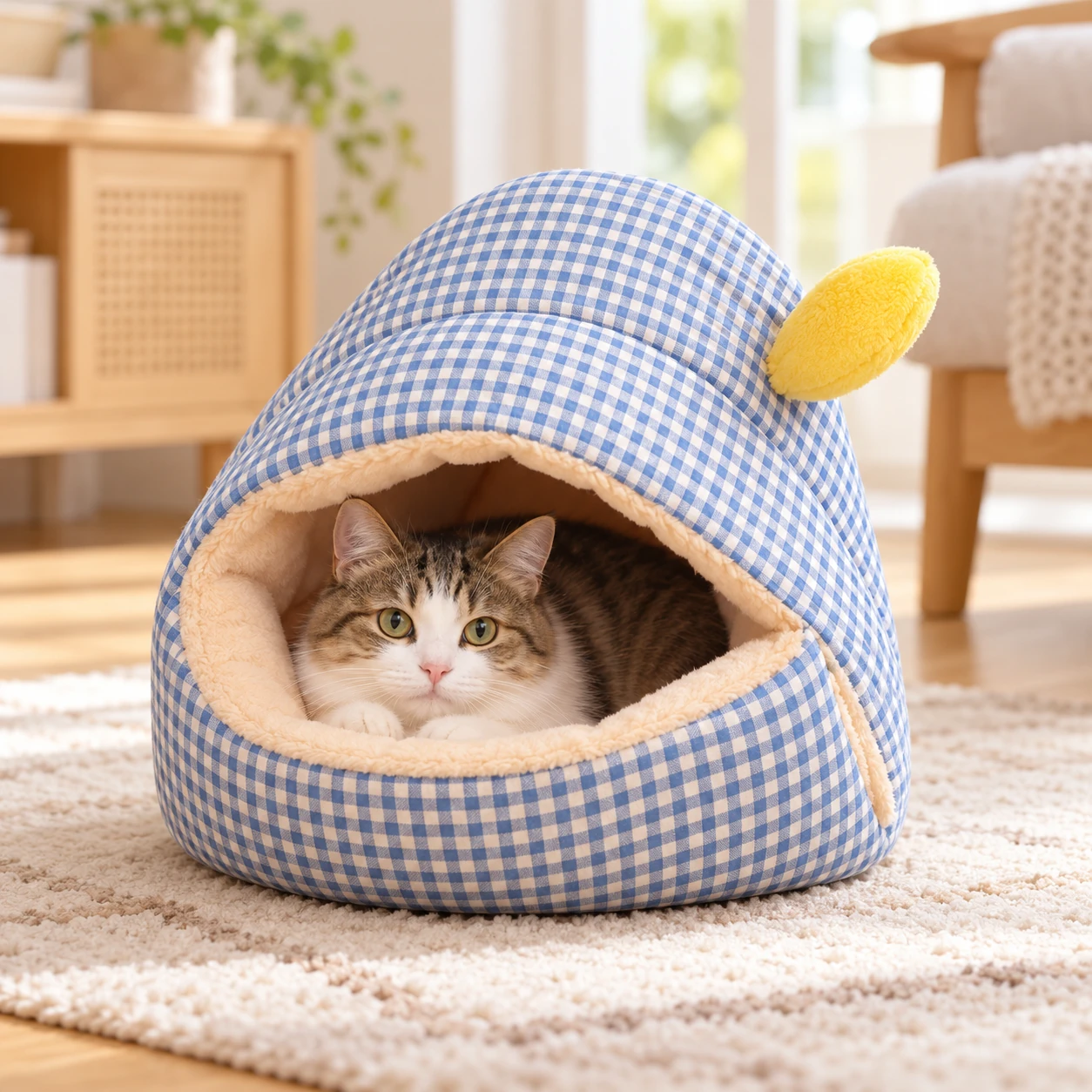 チェックのこぐま ドーム型猫用ベッド|ブルーの設置イメージ