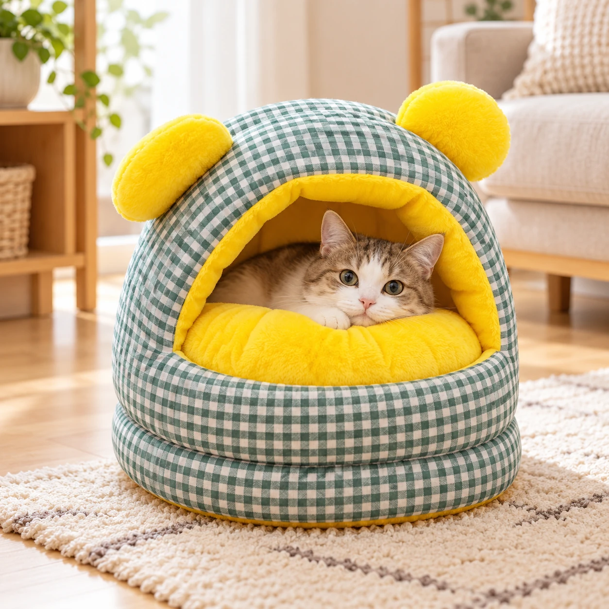 チェックのこぐま ドーム型猫用ベッド|グリーンの設置イメージ